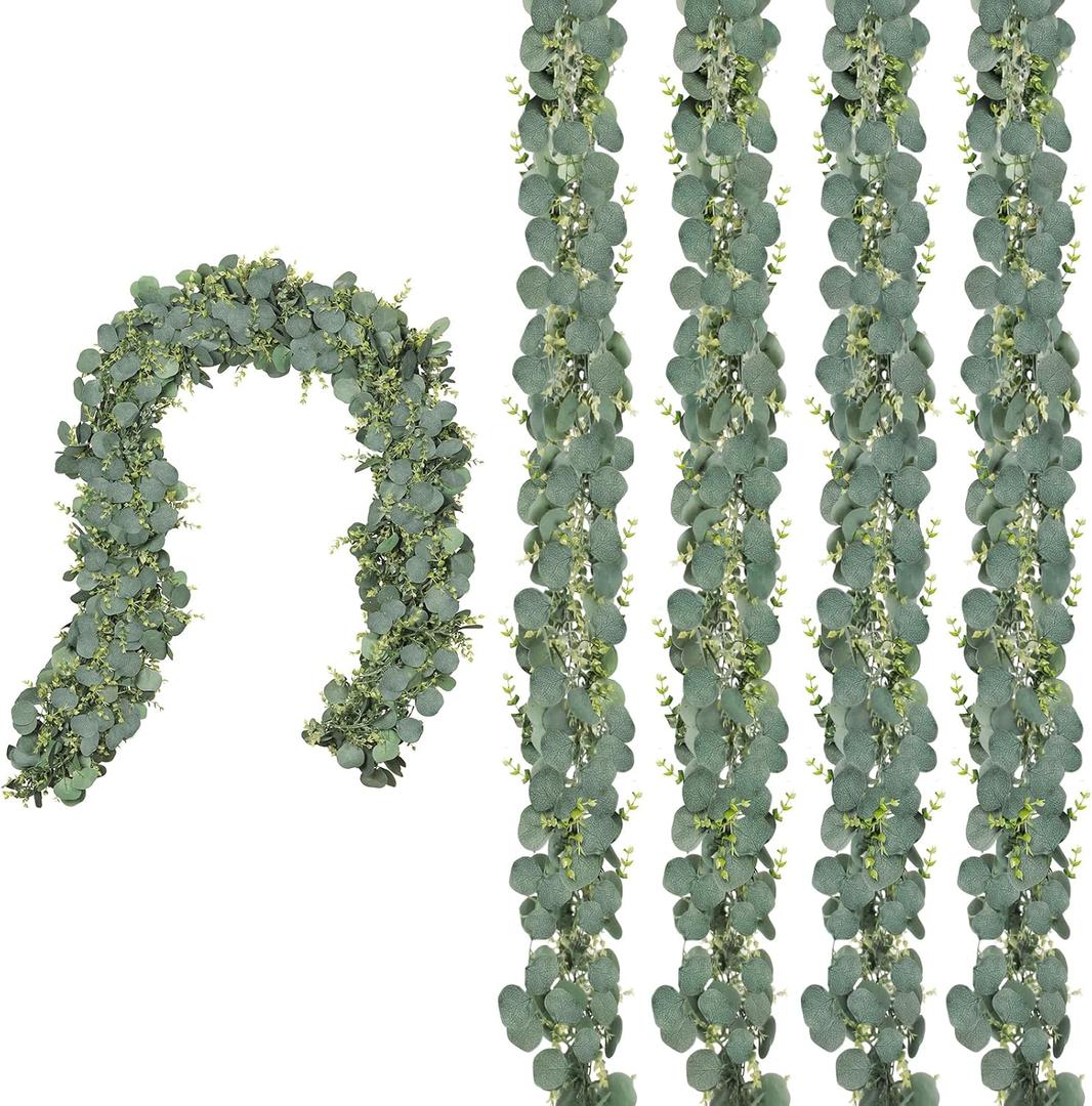 CQURE 4 Pack 5.9ft Eucalyptus Garland, Artificial Eucalyptus Leaves Spring Garland Fake Silver Dollar Greenery Wreath Vines for Wedding Table Party Mantle Bedroom Wall Room Decor