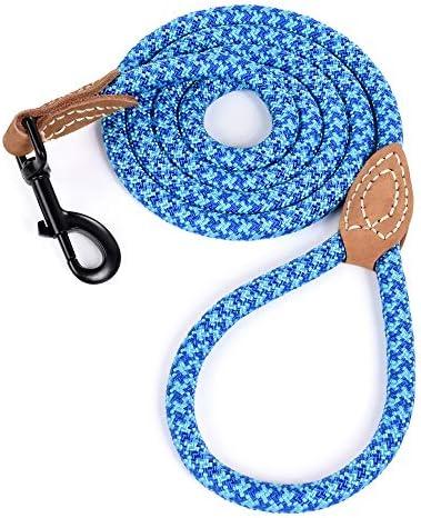 Mile High Life | Mountain Climbing Dog Rope Leash with Heavy Duty Metal Sturdy Clasp | Genuine Leather Tailored Connection with Strong Stitches (Sky Blue Hot Blue, 48 Inch (Pack of 1))