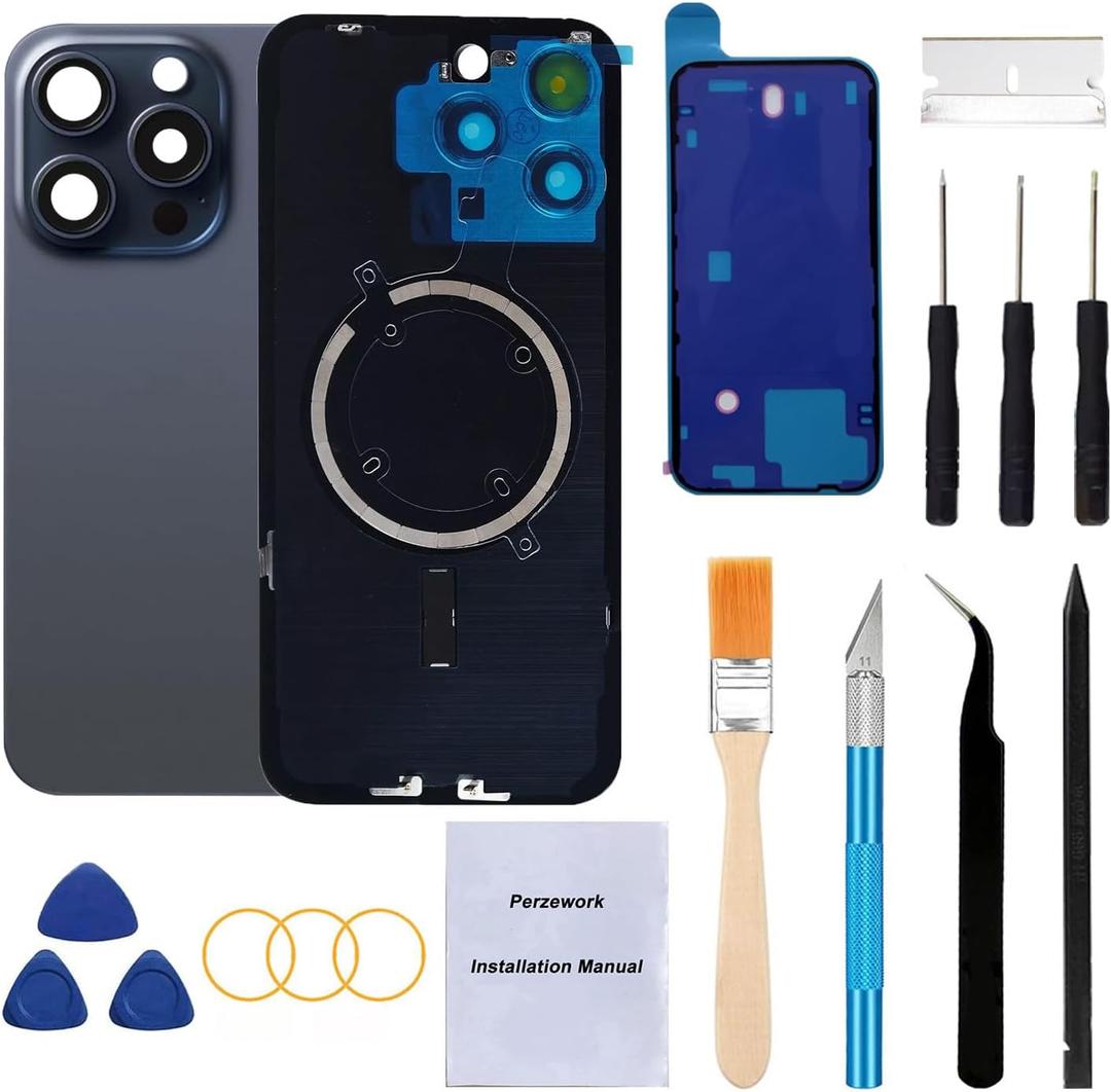 Rear Back Glass Replacement for iPhone 15 Pro Max 6.7-inches + Pre-Installed Plate and Camera Frame and Lens + Reparing Tool Kit (Blue Titanium)