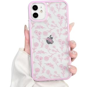 NITITOP Compatible with iPhone 11 Case Cute Clear Pink Durable Flower Floral Leave for Girls Women Soft TPU Transparent Colourful Frame Full Camera Lens Shockproof Protective Cover - Pink