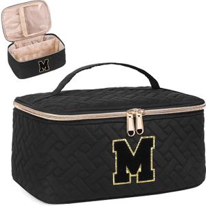 Gifts Initial Makeup Organizer Bag for Girls, Chenille Letter Personalized Cosmetic Bag with Zipper | Preppy Quilted Portable Makeup Pouch Teen Birthday Gifts (M, Balck)
