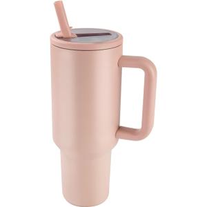 40 oz Insulated Tumbler with Handle,Flip Straw,Lid & Rubber Base Stainless Steel Water Bottle - Leak Proof Vacuum Insulated Mug BPA Free Reusable Travel Cup Gifts for Women/Men (Peach pink40oz)
