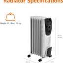 Portable Oil Radiator Heater, Indoor Use, 3 Heat Settings, Over-Heat Protection, ETL-certified Safety, 7 Oil-Filled Steel Fins, 1500W, Tip-Over Protection, 11"D x 14.8"W x 25.2"H, White