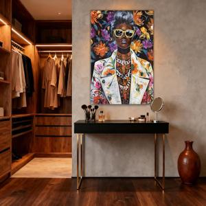 YETHEN WAL Afrocentric Canvas Wall Art – Black Woman Portrait Floral Wall Decor, Chic Modern Art Prints for Living Room, Bedroom, Office Decor, 32×48 Inch