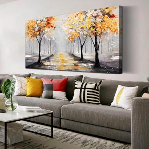 Tree Wall Art for Living Room, Ginkgo Canvas Print Painting for Bedroom, Gold and Black Picture Artwork Decor, Large Size 48x24 Inches