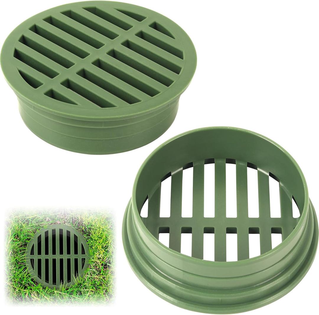 (2 Pack) Calvana 4 Plastic Round Drainage Grate Cover, Fits 4 Pipes, Prevents Debris, Ideal for Lawns, Patios, and Walkways, Durable UV-Resistant Plastic, Easy Installation, Green