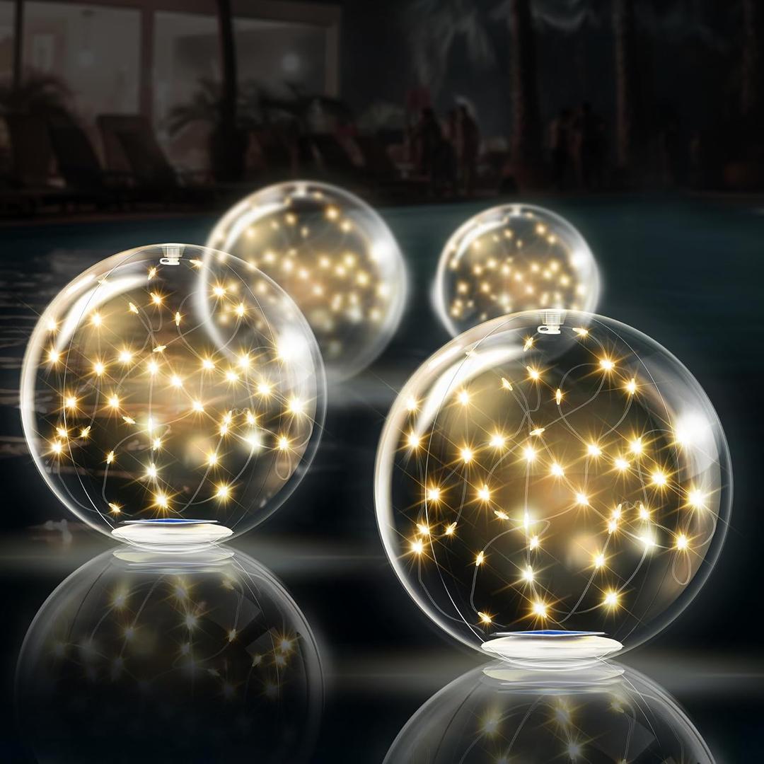 TIALLY Fairy Floating Pool Lights Solar Powered - 14" Inflatable Glow Balls for Pool, Solar Floating Lights for Pool, Floating Solar Pool Lights for Inground Pools, Pool Decorations Outdoor (4 Pack) (Warm)