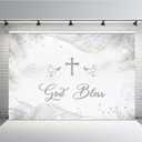 MEHOFOND 7x5ft God Bless Backdrop Silver Mi Bautizo Nuestro Bautizo Christening Photography Background for Girls Boys Dove of Peace Golden Guilter Watercolor Clouds Party Supplies Decorations