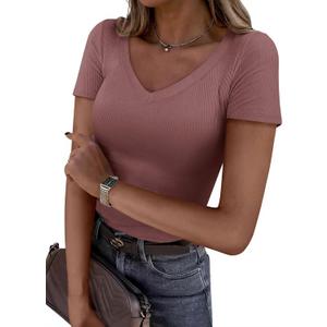 PRETTYGARDEN Women 2026 Spring Tops Trendy Ribbed Short Sleeve V Neck Fitted Basic Tee Shirts Casual Going Out Summer Outfits (XX-Large, Taupe)