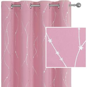 SMILE WEAVER Pink Blackout Curtains for Living Room 45 inch Length 2 Panels,Room Darkening Girls Bedroom Curtains,Silver Printed Design Soft Thick Thermal Insulated Grommet Window Drapes
