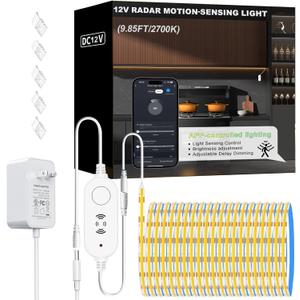 Warm White 2700K Smart COB LED Strip Light 9.85ft with Radar Motion Sensor, WiFi APP Control Dimmable Flexible LED Tape Light Timed for Google Home Alexa for Cabinets,Home&Office DIY Lighting