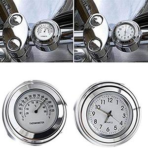 TESWNE 7/8" 1" Handlebar Chrome White Dial Clock and Thermometer for Yamaha for Kawasaki for Suzuki (White)