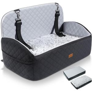 Gimars Reversible Dog Car Seat with Long & Short Plush Seat Cushion for Small/Medium Dogs Up to 60lbs, Detachable Washable Anti-Slip Dog Booster Seat with 5.1'' 28D Egg-Crate Foam, Safety Belt, L (Double-Wide (18.89x29.9''))