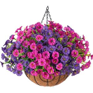 Artificial Fake Hanging Flowers Plants Baskets for Outdoors Spring Summer Decoration, UV Resistant Faux Silk Morning Glory in Planter Realistic for Outside Porch Patio Balcony Garden Yard Home Decor (12 Bundles)