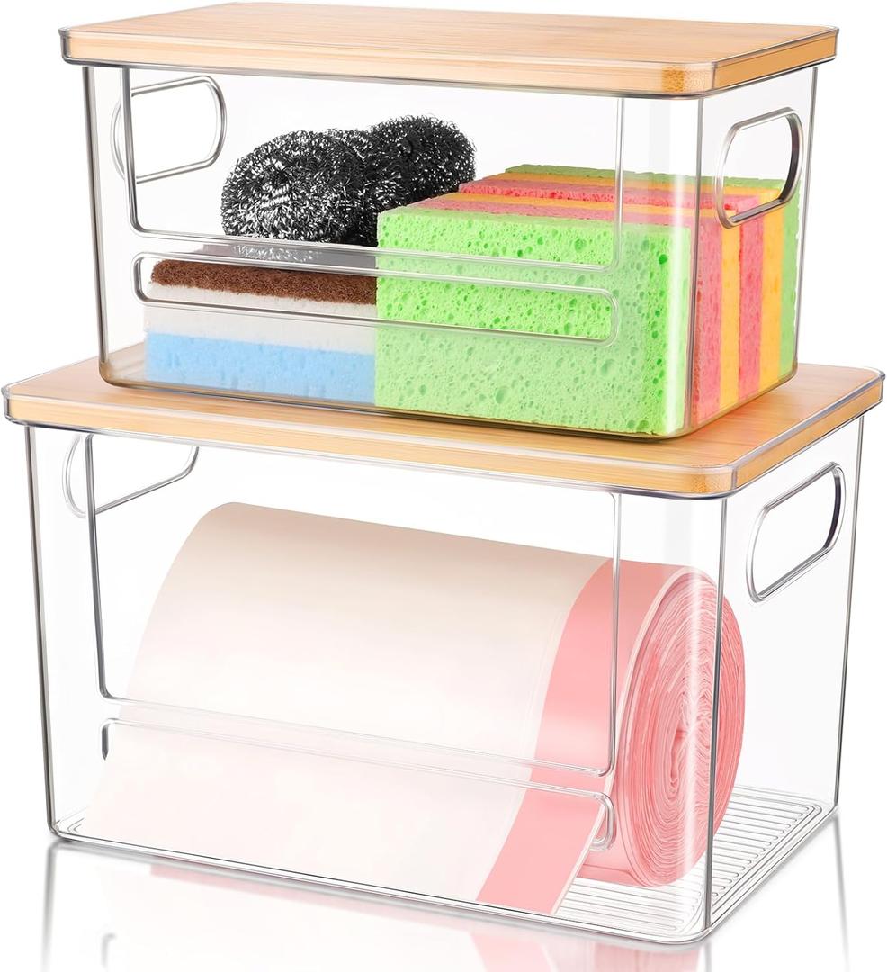 Trash Bag Holder Dispenser 2 Pack, Garbage Bag Dispenser with Bamboo Lid & Handles, Stackable Clear Trash Bag Organizer Under Sink for Kitchen, Pantry, Laundry Room, Cabinet (XL+S)