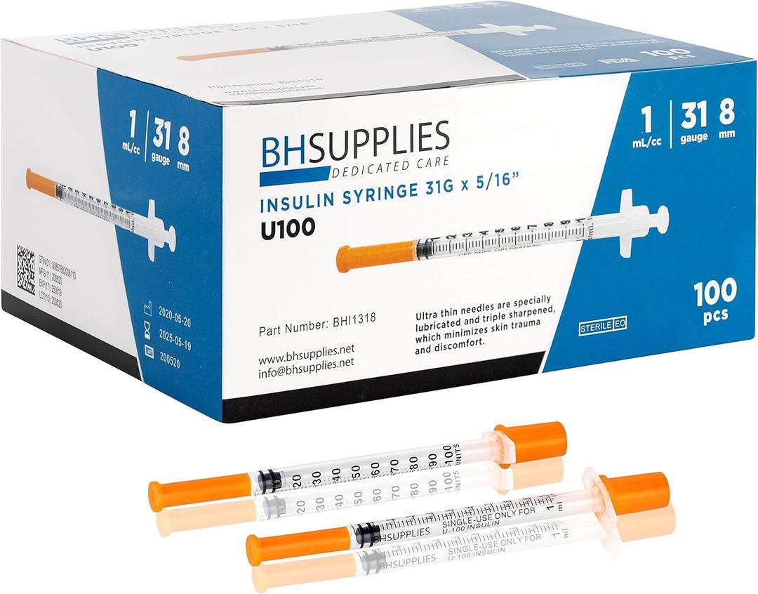 BH Supplies Insulin Syringes U-100 31G 1ml/cc 5/16" (8mm) Pack of 100 Pcs
