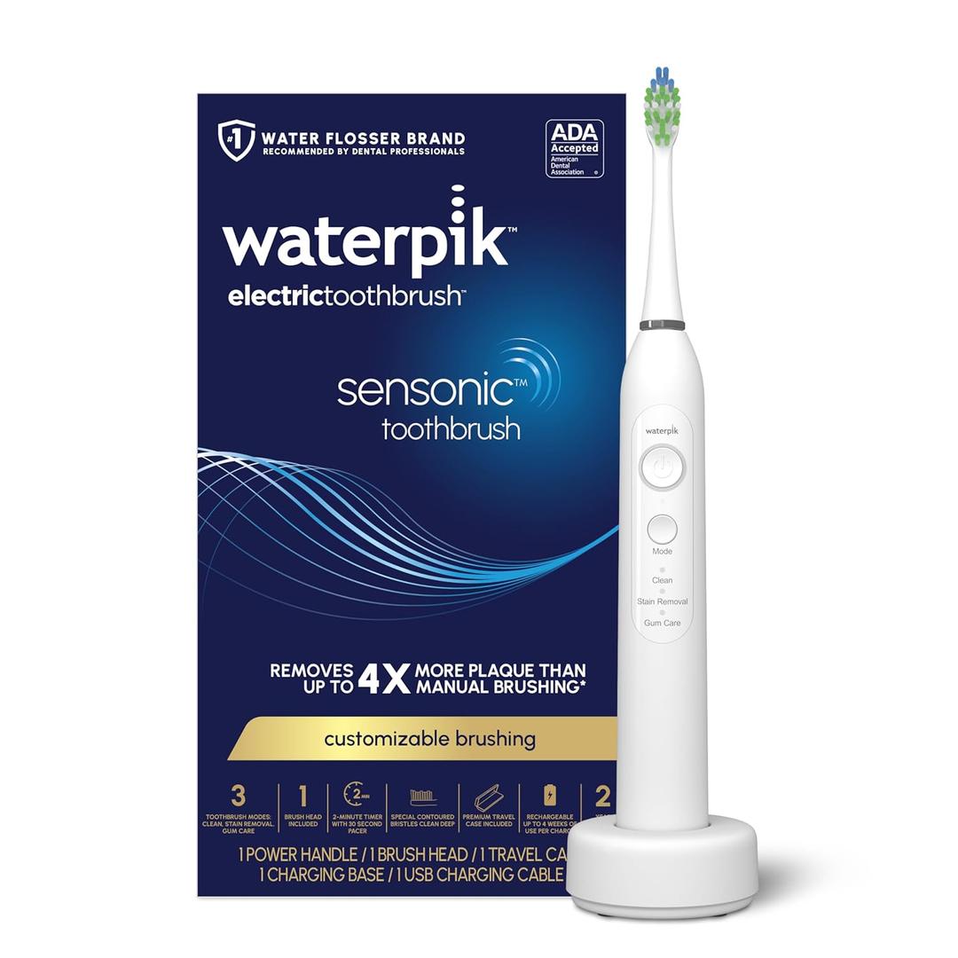 Waterpik Sensonic Sonic Electric Toothbrush, Rechargeable Toothbrush for Adults with 3 Modes, Travel Case, USB Charger, White STW03W020