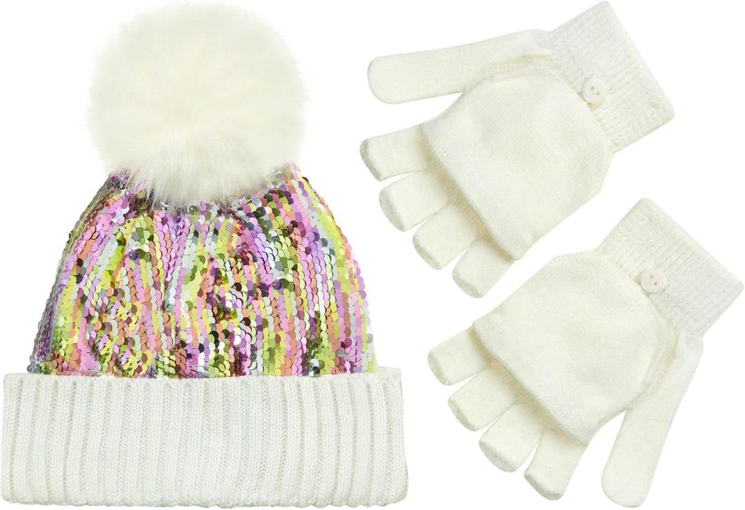 PEAK 2 PEAK Boys and Girls Winter Hat and Gloves Set  Knit Pom-Pom Beanie with Sparkle  Ages 4-12 (Sequin)