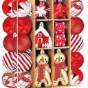 SHareconn 65pcs Christmas Tree Ornaments Set, Shatterproof Christmas Gingerbread Man Balls Bulk Gift Boxes, Hanging Plastic Decorative Baubles for Xmas Trees Decorations, Holiday Party, Red White (65CT) (Designs May Vary)