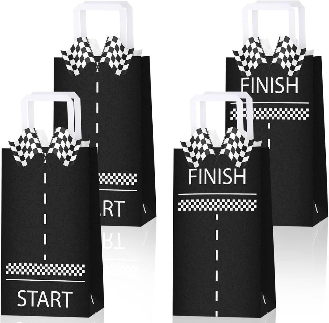 Leinuosen 16 Pcs Race Car Goodie Bags Bulk Checkered Treat Favors with Handles Black and White Checkered Racing Flag Candy for Race Car Themed Birthday Party Supplies