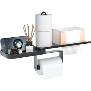 Toilet Paper Holder Wall Mount Metal Paper Towel Holder with Shelf Swivel Tissue Holder for Bathroom Kitchen Garage Roll Holder Standing Horizontal Hanging Paper Towel Rack Phone Storage Matte Black