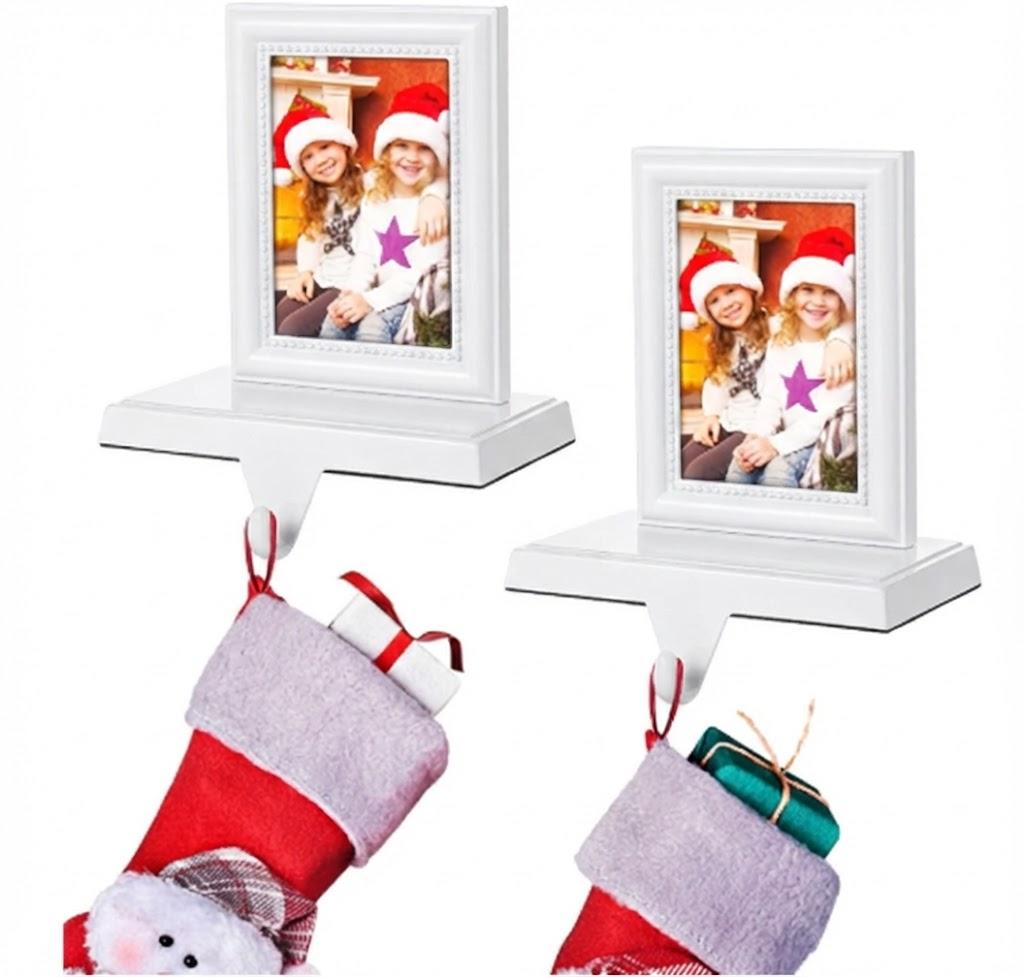 Yilloog 4 Pcs Christmas Stocking Holder for Mantle Picture Frame Stocking Holder Christmas Photo Frame Aluminum Alloy Hanger for Fireplace Xmas Holiday Decor (White)