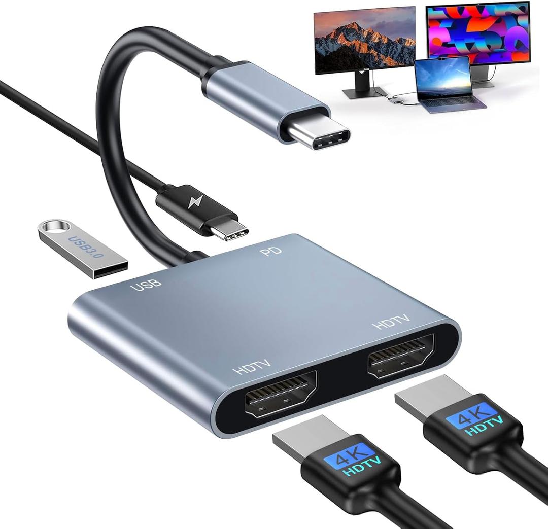 USB C to Dual HDMI Adapter 4K@60Hz, Type C Hdmi Splitter for Dual Monitors with USB 3.0, 100W Fast Charging, USB Hub with 2-HDMI Extended Display for MacBook, USB-C Laptop for Dell for Lenovo