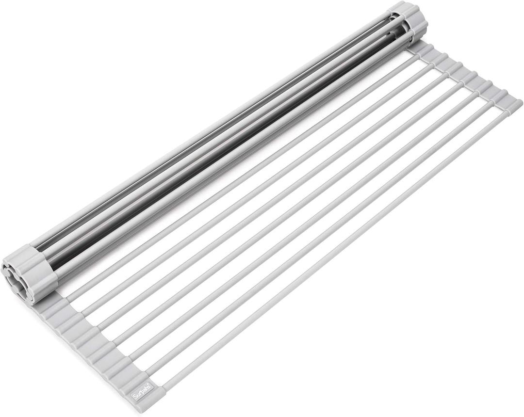 Surpahs 20.5 x 13.1 Inch Roll-Up Dish Drying Rack, Fits Across Sink Openings up to 19.5 Inches, Heavy-Duty Premium Silicone, Strong Support, Non-Slip, Heat-Resistant, Warm Gray