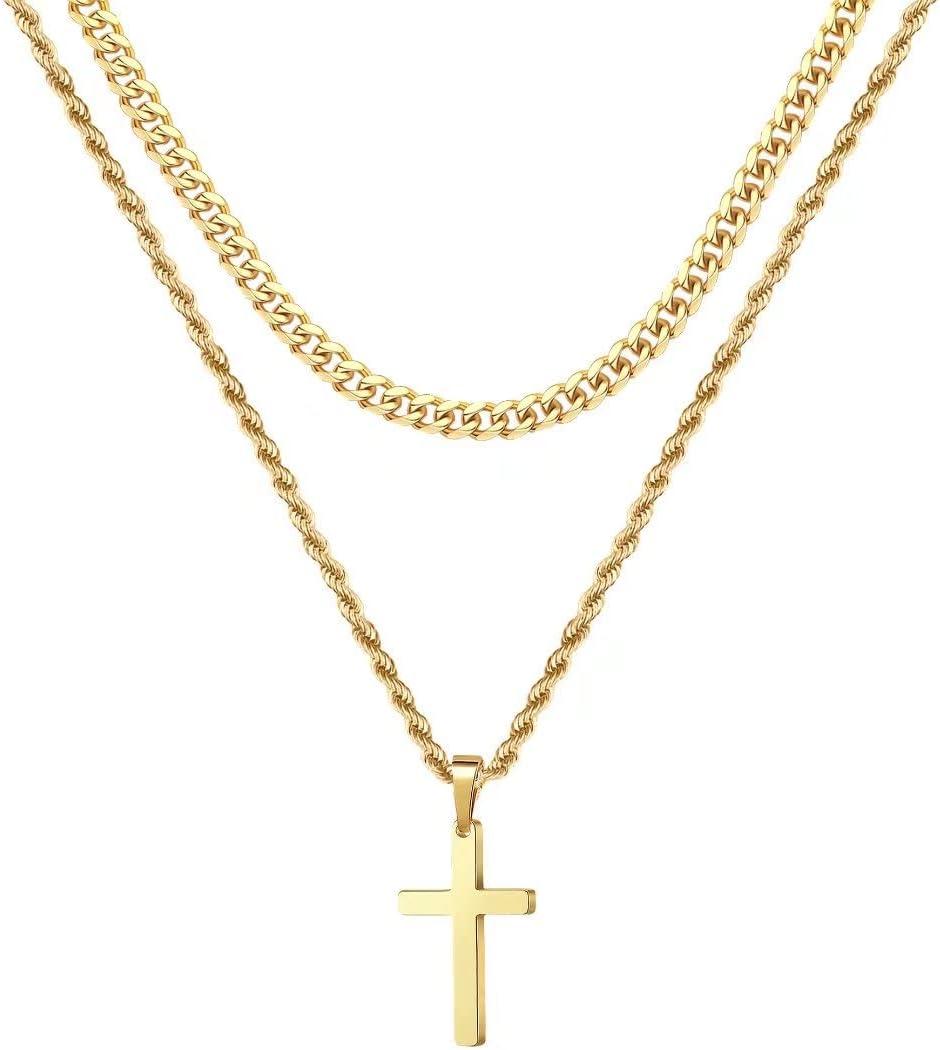 Ursteel Easter Gifts for Men Boys Kids - 18K Gold Plated Cross Necklaces Chain for Men Boys Gifts, Silver Rope Chain Layered Necklace Jewelry 16 18 20 22 24 Inch
