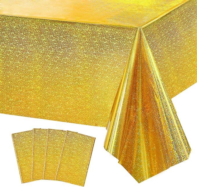 4 Pack Gold Iridescence Plastic Tablecloths Shiny Disposable Laser Table Covers 54" x 108" Sequin Holographic Foil Tablecloths for Birthday, Wedding, Party, Picnic, Buffet, Holiday Decorations