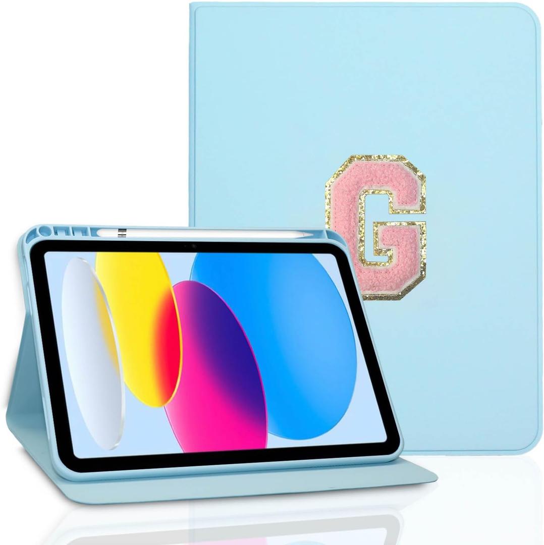 TopPerfekt Case for iPad 11th (A16) 11-inch 2025 / iPad 10th Generation 10.9-inch 2022, Initial Chenille Letter Suture, Cute Case with Auto Sleep/Wake, Support Touch ID, Pencil Holder (Sky Blue, G)