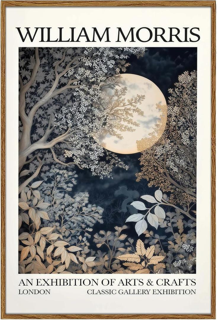 YBYNICE William Morris Wall Art Vintage Moon and Forest Exhibition Posters Fine Art Gallery Pictures Print Botanical Painting with Wooden Frame for Living Room Bedroom Office Decor 16x24Inchs