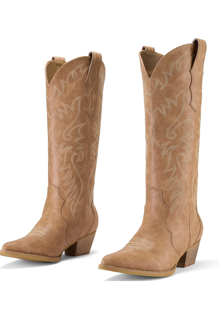Rollda Cowboy Boots for Women Cowgirl Boots Embroidered Knee-High Western Boots Pointy Toe with Chunky Heel, Size 7