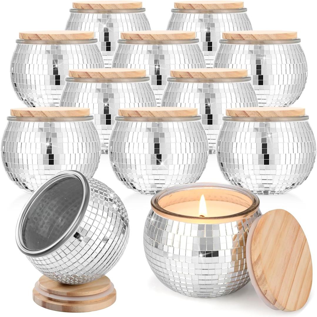 12 Pcs Empty Disco Ball Candle Jars with Bamboo Lids Silver Disco Ball Vase Bulk Thick Glass Mirror Containers for Centerpieces Flower Candles Sugar for Wedding Bedroom DIY Birthday Office Decor