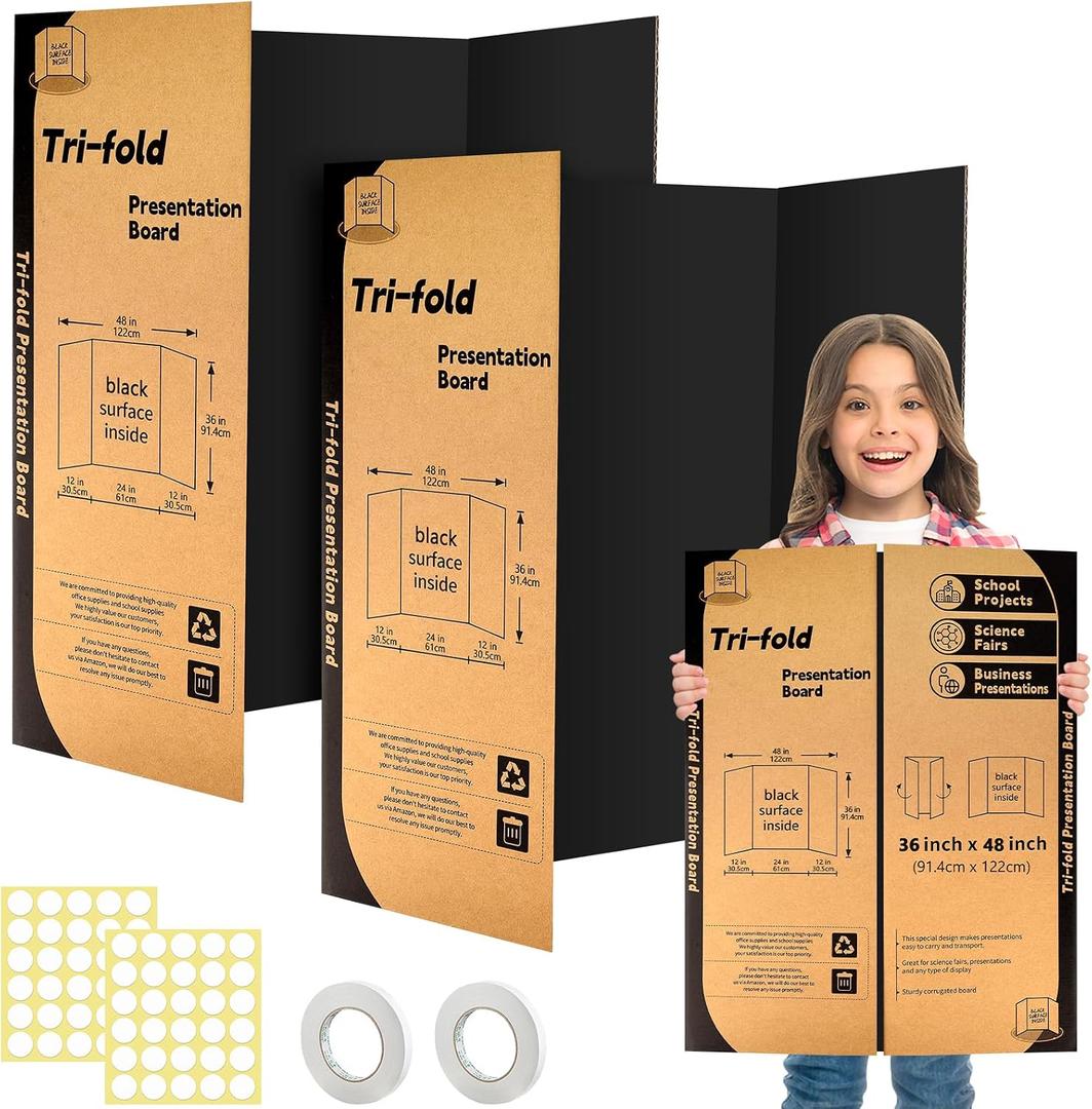 2 Pack Trifold Poster Board 48" X 36", IKAYAS Black Poster Boards, Science Fair Display Boards Posterboard for Mounting, Prints,Art,Display,Projects Classroom Supplies