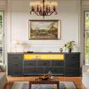 Huuger 70 Inch TV Stand for 75, 80 Inch TV, 11 Drawer Long Dresser with Power Outlets and LED Lights, Entertainment Center with Storage, Black Dresser with PU Leather Surface, 13"D x 70.9"W x 26.8"H