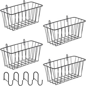 4 Pack Large Grid Wall Baskets with S-Hook - Gridwall Accessories Set Black Metal Hanging Shelf Basket Bins Organizer - Modular Storage Holders for Photo Display Panel Shelving Caddy for Garage
