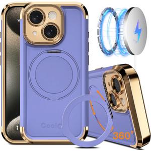 COOLQO for iPhone 14 Case 6.1'' Upgraded 360 Spin Magnetic Stand [Compatible with Magsafe][Military Grade Drop Protection] Shockproof Protective Phone Holder Cover for iPhone 14, Purple Gold