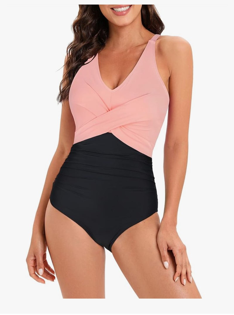 American Trends Swimsuit Women One Piece Tummy Control Bathing Suit for Women Modest V Neck Swimwear, Small