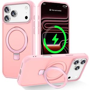 Magnetic Compatible with iPhone 17 Pro Max Case with Stand [Military Grade Drop Tested][Compatible with Magnet] Ring Translucent Slim Hard Back Soft Edge, Pink