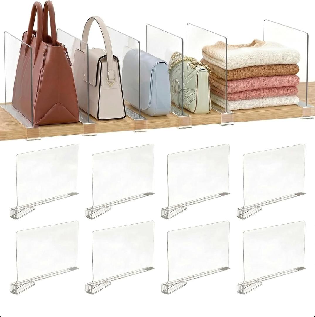Acrylic Shelf Dividers, 8 Pack Clear Closet Shelf Organizer, Slide-On Vertical Dividers for Sweaters, Shirts, Towels & Handbags, Fits 3/4 in Shelves, 11 x 8 in