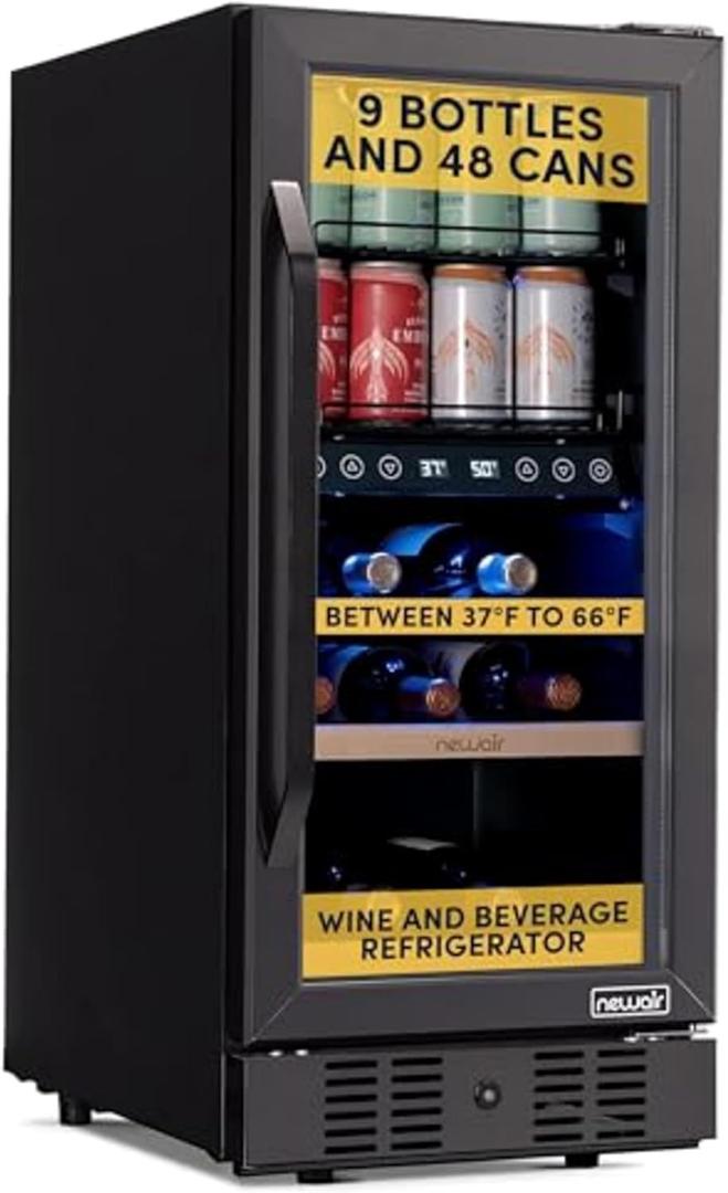 NewAir 15" Beverage Refrigerator 9 Bottle and 48 Can Capacity, Beverage Cooler in Stainless Steel, Built-in or Freestanding Dual Zone Drink Fridge with Triple-Pane Glass Door