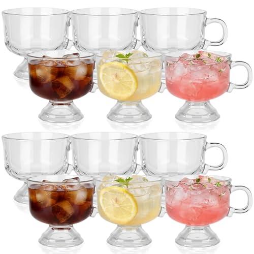 Ferrochef 8 Pack Vintage Glass Coffee Mugs with Handle, 8 oz Footed Tea Cups Clear Glass Bowls for Latte, Cappuccino, Oatmeal, Yogurt, Ice Cream, Hot & Cold Beverages(Glossy Surface)