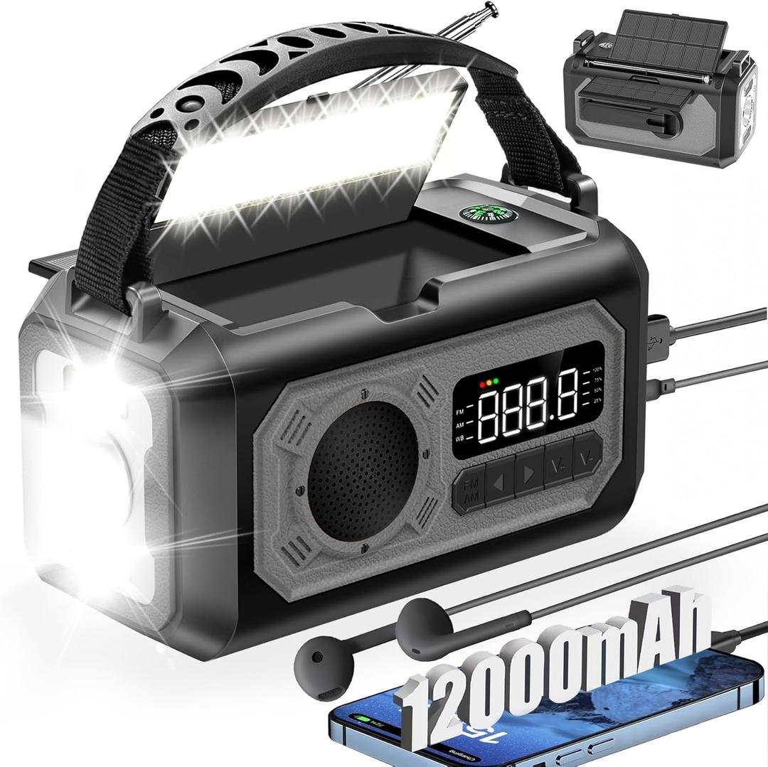 12000mAh Emergency Weather Radio, Hand Crank Solar Radio Portable AM/FM/NOAA Radio with 2 Solar Panels 3 Charging Methods SOS Alarm 3 Mode Flashlight Phone Charger Compass Reading Lamp (Gray)