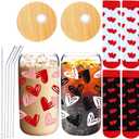Domensi 2 Sets Galentines Day Gifts 20 oz Glass Cups with Hearts Socks Valentines Day Gifts Conversation Heart Cups Tumbler with Lids and Straw Iced Coffee for Galentines Couple Lover(Red, Black)