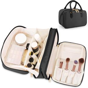 Travel Makeup Bag for Women Fashion Large Capacity Pouch Open Flat Cosmetic Portable Organizer Waterproof Large Opening Storage Toiletry Bags Vertical Free-Standing Brush Holder for Easy Access Black