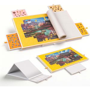 Tektalk Jigsaw Puzzle Table with Integrated Adjustable Stand/Bracket, 3-Tilting-Angle Super Lightweight Felt Puzzle Plateau Board with Cover & 4 Sorting Drawers, for Up to 1500 Pieces - Orange, 35.4 × 24.4 inches