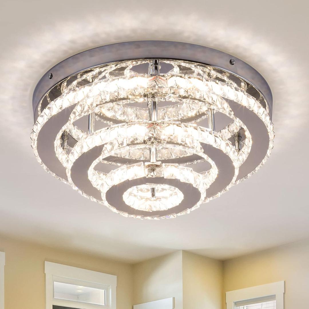 13.8" Flush Mount Chandelier LED Crystal Ceiling Light Fixture 3 Tier Ring Crystal Chandeliers for Bedrooms Dining Room Living Room,3 Colors Adjustable, L 13.8 Inches x H 6.3 Inches