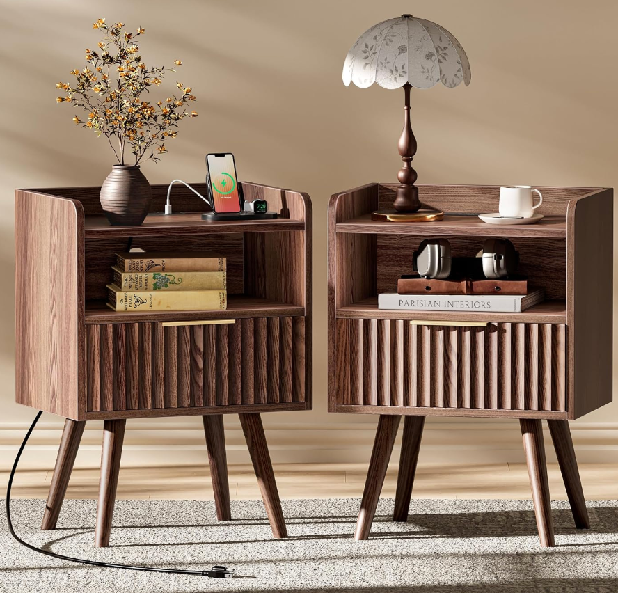 Huuger Nightstand with Charging Station, USB-C Port, Fluted Night Stand Set of 2, Bed Side Table with Drawer, Solid Wood Feet, Open Storage, End Table with Raised Edge, for Bedroom, Walnut