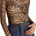 SHENHE Women's Casual Leopard Print Long Sleeve Tops Round Neck Slim Fitted Twist Front Shirt (Brown, L)